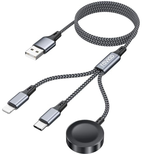 RAVIAD 3-i-1 laddningskabel för Apple Watch 1,2 m, USB A till multi-laddningskabel | med Apple Watch-laddare, USB C, Lightning kompatibel med iWatch Ultra/SE/11/10/9/8/7/6, iPhone 17/16/15/14/13/12/11, Galaxy