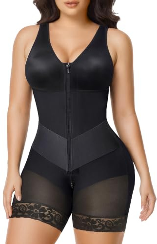 SHAPERX Women's Shapewear Bodysuit, V-Shaped Faja Colombiana Tummy Control Body Shaper with Zip & Hooks, Butt Lifter Sculpting Bodysuit for Postpartum Recovery and Daily Wear