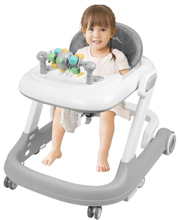 Gåstol, babywalker och gå-vagn, gåvagn baby walker för barn, gånghjälpmedel, justerbar höjd, med musikfunktion (60 x 55 x 70 cm grå)
