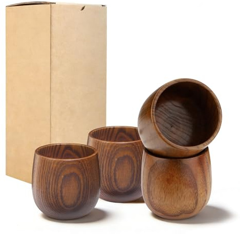 Xcineykjca Juego de 4 vasos de whisky de madera, vaso de whisky original hecho a mano, taza de grano de madera, regalos antiguos para hombres, papá, marido, hermano, aniversario, cumpleaños