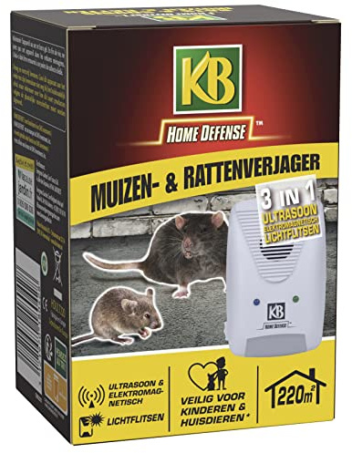 KB Home Defense HDULT220 – rått- och musskrämma 3-i-1 med ultraljud, elektromagnetiska vågor och ljusblixt, 220 m² – permanent och vanofri effekt – för 220 m² = stora ytor