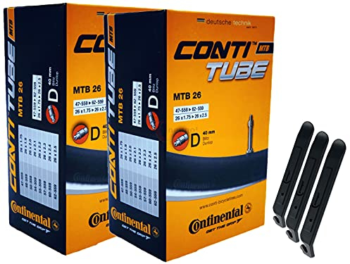 pneugo! Set 2 x Continental Fahrradschlauch 26 Zoll Blitzventil 47-559/62-559 (MTB) + 3 Reifenheber