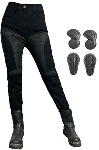 GEBIN Pantaloni da Moto da Donna, Traspirante Jeans da Motociclista Elasticizzati Slim Fit da Donna, Jeans alla Moda, con 4 Imbottitura di Protezione (Nero,S)