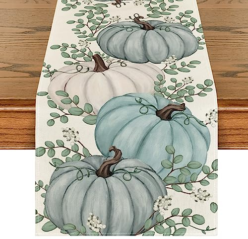 Artoid Mode Drei Blau Kürbisse Eukalyptus Herbst Tischläufer, Saisonnal Küche Tisch Dekoration Drinnen Urlaub Party Dekor 40x140 cm | Saisonal Hause Wohnzimmer Tisch Dekoration Drinnen Urlaub Party Dekor
