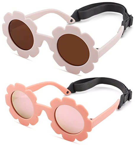 Hycredi Flexible Bendable Flower Baby Polarized Sunglasses with Strap Cute Shades for Newborn Infant Boys Girls Age 0-24 Months-White/Purple Red Mirror+ Pink/Pink Mirror
