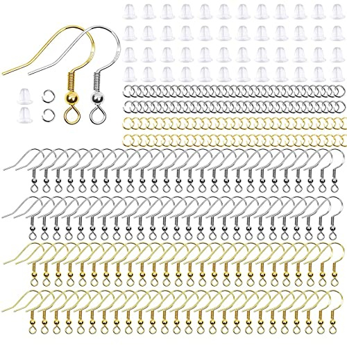 300 Stück Ohrringhaken Machen Set, 925 Ohrring Haken Versilbert Ohrhaken Versilberter Ohrhänger Ohrringe Selber Machen Ohrhaken Biegeringe für DIY Gifts Ohrringen Zubehör (Silber/Gold)