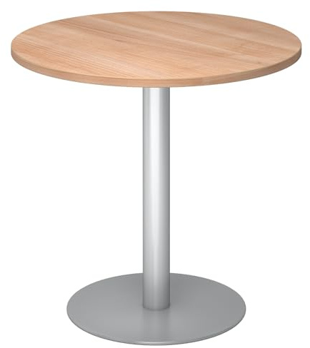 bümö Besprechungstisch, Esstisch klein, Tisch rund 80x80 cm in Nussbaum, Gestell: Silber - Kleiner Rundtisch für 2 Personen mit Holz-Platte, Säule aus Metall, Konferenztisch, Bistrotisch