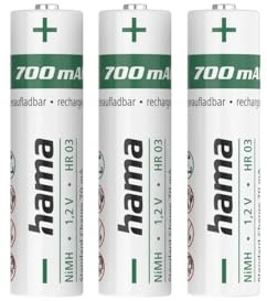 Hama 3 Piles Rechargeables AAA NiMH 700 mAh (Lot 3 Batteries Rechargeables, Charge Rapide, Très Faible Autodécharge, 1.2 Volts, pour Téléphone Fixe, Jouet, Rasoir, Télécommande, Caméra, Flash)