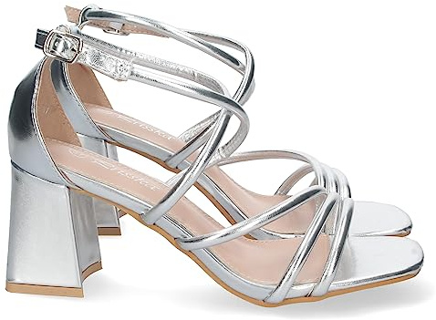 shoes&blues.es 75287 Sandalia de Tacon para Mujer, Comodo, con Tiras Finas Cruzadas, Talon Cerrado, y Cierre de Hebilla Plata Talla 36
