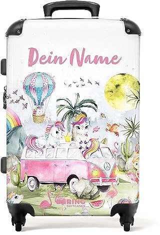 NoBoringSuitcases.com® Kinderkoffer Mädchen - Bus - Einhorn - Regenbogen - Koffer Kinder Mädchen - Koffer personalisiert 67x43x25cm - Kinder Koffer Madchen - Kinder Trolley Mädchen