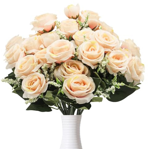 Dondeen 5 Bunches Roses Artificial Flowers, Fake Roses Silk Hydrangea Flower Bouquet, for Wedding Party Table Centerpieces Floral Arrangement Home Kitchen Decor (champagne)