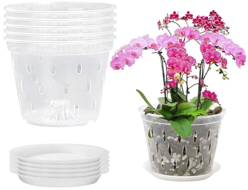 IXYHKB 5 Pack Clear Orchid Pots, 14CM Plastic Plant Pots With Holes and Saucers, Nursery Pots for Plant and Repotting, Home, Office