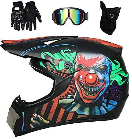 Full Face MTB Motocross Helmet Set, Youth Kids Off Road ATV Motorbike Crash Helmet, BMX Downhill Enduro Quad Dirt Bike Helmet Protective Gear, with Goggles Gloves Mask