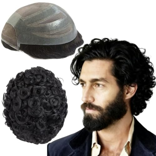 Toupee for Men Human Hair Wigs, Men's Toupee, European Virgin Human Hair Units, Curly Wave, Men's Wig, Toupee Hair, Real Human Replacement System for Men, FPM Patch (8 x 10 Inches) (8 x 10 Inches) (#1