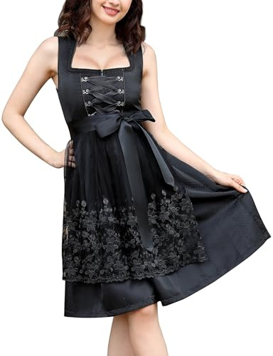 KOJOOIN Damen 2Tlg. Kurz Dirndl Elegantes Trachtenkleid Oktoberfest Outfit Bavarian Festlich Besondere Anlässe Schwarz A 44