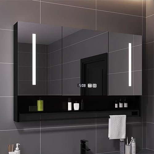 GArcan Badezimmer-Wandschrank mit beleuchtetem Spiegel mit LED und Antibeschlag, Handtuchhalter und 1 offenem Stauraum, 3-türiger Badezimmerschrank mit Stauraum, 100 x 13 x 80 cm (Farbe: