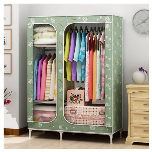 Metallschrank Kleiderschrank 66,14 Zoll tragbarer Schrank für Schlafzimmer 2 Kleiderstangen mit Stoffbezug Kleideraufbewahrungsorganisator (Farbe: Grün, Größe: 108 x 45 x 168 cm)