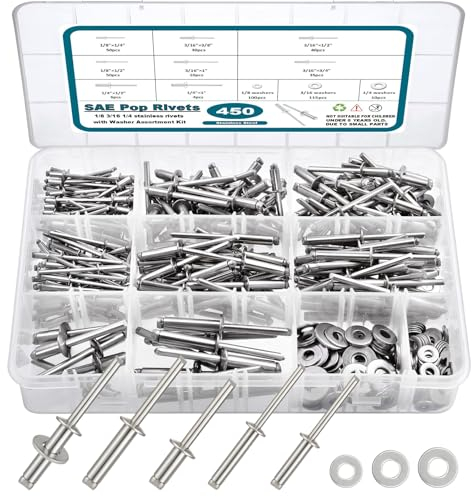 SATANTECH 450Pcs 304 Stainless Steel Pop Rivets with Washers Assortment Kit,1/8 3/16 1/4 Assorted Blind Rivets 8 SAE Sizes,DIY/Home/Automotive Repairs