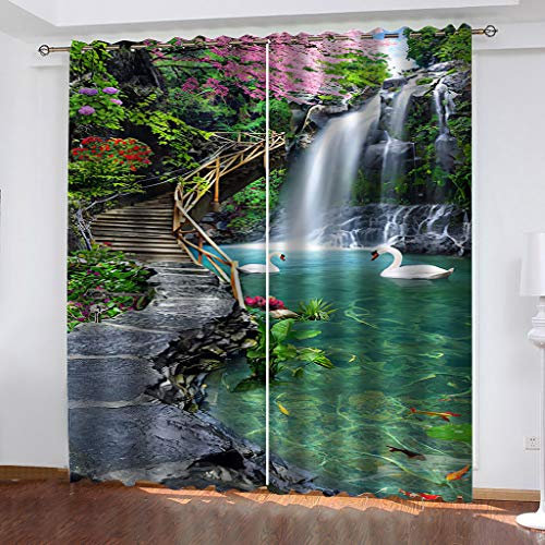 Vorhang Kinderzimmer 3D Gartenwasserfall Schwanensee Muster Thermogardine 2Er Set, Ösenschal Blickdicht Schlafzimmer Küche Wohnzimmer Modern, Verdunkelungsvorhang Fensterdekoration 230X234cm (HxB)