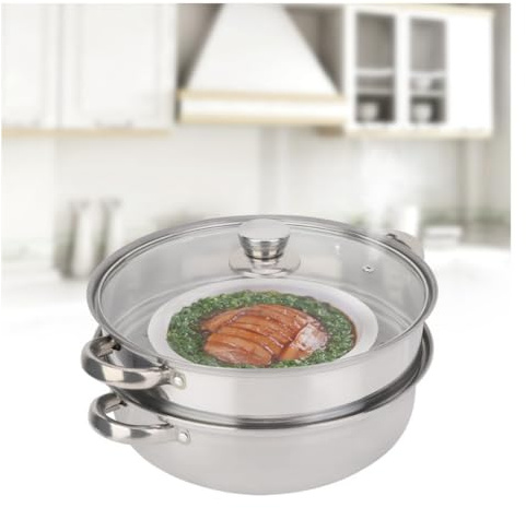 HAOHIZE 2 Layer Steamer,Stainless Steel Cookware 27cm 11in 2 Layer Steamer Pot Cooker Double Boiler Soup Steaming Pot for Steaming Buns Taro Seafood Etc
