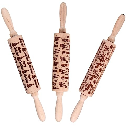 LABRIMP 3pezzi Mattarello Natale in Legno Con Rilievo Per Biscotti Professionale Spessori Multipli Materiale Sicuro e Durevole Per Pasta Pizza e Dolci