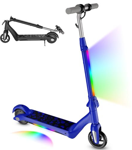 Electric Scooter for Kids Aged 6-12 Years, 80W Motor, 8km Range, 50kg Capacity, Foldable with LED Display & Rainbow Lights, Adjustable Speed and Height, Gift for Kids and Children (Blue)