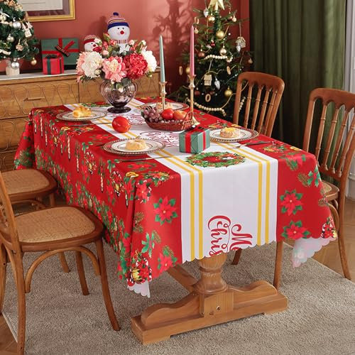 es-uk Christmas Table Cloth - Wipe Clean Tablecloth, Grease and Water Resistant Table cloths rectangle, Extra large Xmas tablecloth (Red, 150 * 150)
