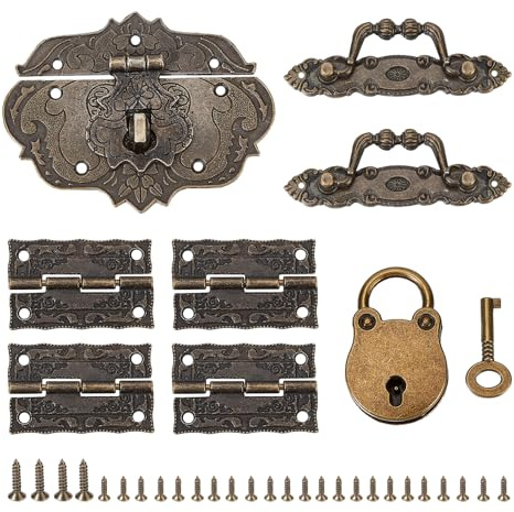 NICENEEDED 1 Set Jewelry Box Hinges Hasp Catch Handles Lock, Retro Engraved Decorative Hardware Kit with Screws, Bronze Wooden Box Latch Buckle for DIY Wooden Case Furniture Cabinet