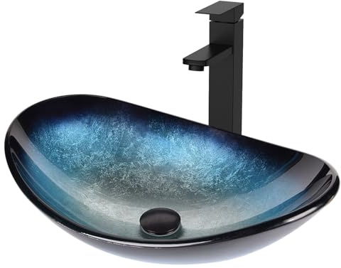 SOLIDEE Bathroom Boat Shape Artistic Glass Vessel Sink Free Black Faucet and Pop-up Drain Set, Blue