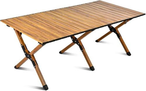 HYGRAD Foldable Picnic Table Wood Effect Portable Outdoor Picnic Table Fold Out Egg Roll Camping Table Carry Along Beach Table (120cm)