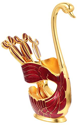 Cabilock Swan Dessert Spoon Set Coffee Spoon Holder Medium Red-Gold Stainless Steel for Cafe and Home 6pcs Set for Serving and Stirring