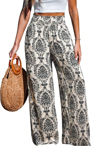 CUPSHE Women’s Wide Leg High Waisted Pants Elastic Flowy Palazzo Trousers for Summer Beach Navy Black L