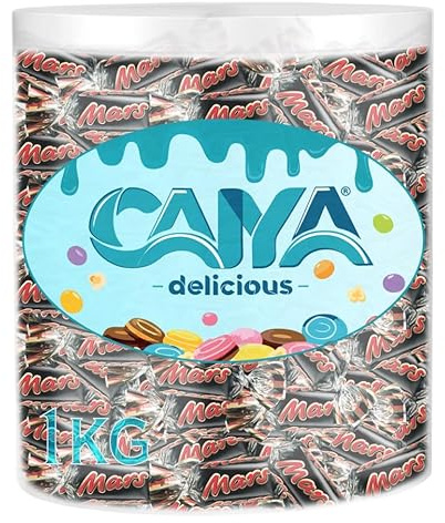 CAIYA DELICIOUS Cilindro Trasparente con Snack Miniatures al Cioccolato a Latte con Caramello Mou e Malto per mars, circa 102 praline di cioccolata, 1kg