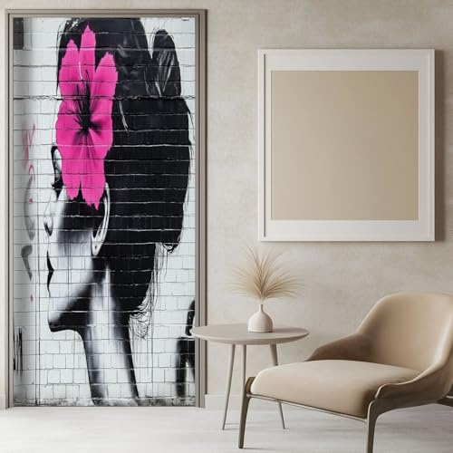 Türtapete Selbstklebend Street-Art-Frau 80x200 cm grau, Türaufkleber Fototapete Türfolie Wasserdichte Abnehmbare Türposter Innentür Schlafzimmer Mädchen und Junge