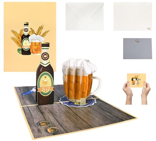 Biglietto D'auguri Pop-up 3D con Birra per Uomo, Divertente Biglietto D'auguri con Bottiglia di Birra e Busta, Regalo di Birra per la Festa del Papà Oktoberfest Fratello Amico Amante Della Birra
