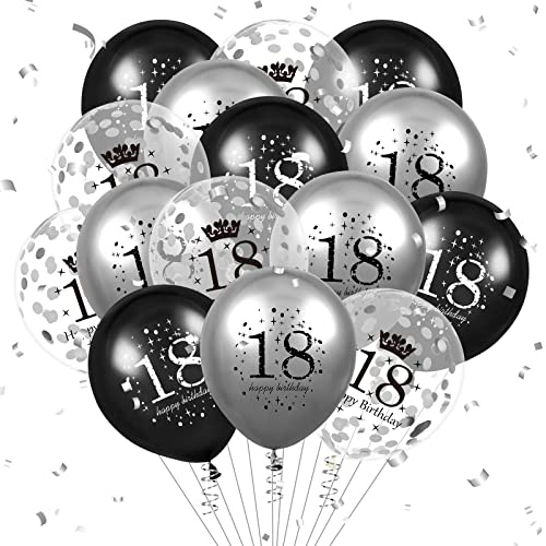 Luftballon 18. Geburtstag Deko 15 Stück Schwarz Silber Ballons -18 Jahre Geburtstagsdeko Happy Birthday Deko Latex Konfetti Ballon für Männer Frauen 18. Jubiläum Geburtstag Dekoration 12Zoll