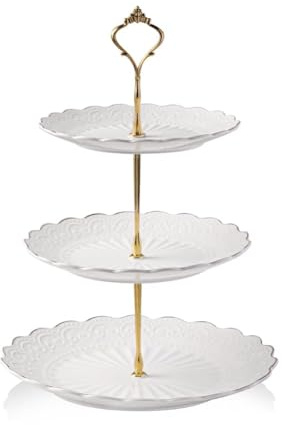 Sweejar Home - Plateau de service à 3 étages en porcelaine pour cupcakes, présentoir élégant en relief pour desserts et gâteaux, pour thé, mariage et anniversaire (blanc en relief)