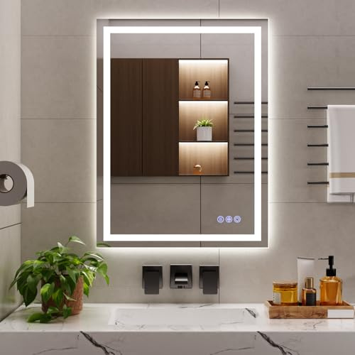 Koonmi 80x60 cm LED Badezimmerspiegel - 3 Einstellbare Beleuchtungsmodi, Beleuchteter intelligenter Badezimmer Spiegel mit Front- und Rücklicht, Memory-Funktion, wandmontiert horizontal und vertikal