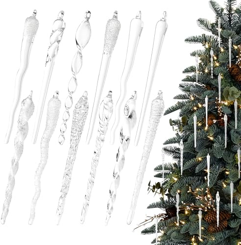 LOULIQIGIFT Glass Icicle Christmas Ornaments 12 pcs Winter Twisted Glass Hanging Decorations for Christmas Tree