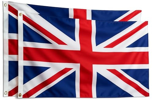 Union Jack Flags Britain UK Flag (PACK OF 2) 5ft x 3ft with Brass Eyelets British UK National Flag for Indoor & Outdoor Use, Parties Festivals Coronation Street Decorations Royal Celebrations,