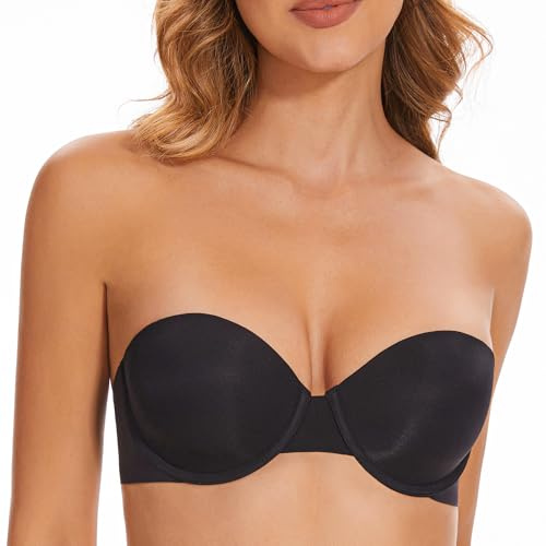 Mitivoway Soutien Gorge sans Bretelles pour Femmes-sans Coutures Antidérapant Invisible Plongeant Dos Bas-Multi-Positions Bandeau Soutien-Gorge (Black, 85D)