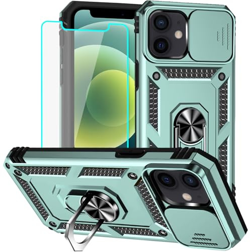 Yiakeng for iPhone 12 Mini Case with Screen Protector: [Military Grade 20ft. Drop Tested] Slide Camera Cover Ring Shockproof Protective Phone Case for - iPhone 12 Mini (Dark Green)