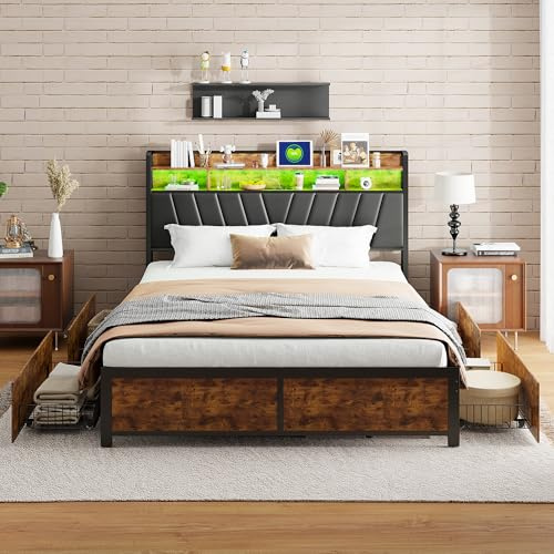 BRYXR Bett 180x200, Doppelbett aus Metall mit LED-Beleuchtung und Ladeeinheit, Polsterbett mit 4 Schubladen und Kopfteil aus PU, Jugendbett, Vintage Braun/Schwarz （Ohne Matratze）