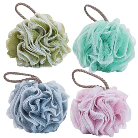 UKCOCO 4 Bolas de Ducha de Malla Exfoliante con Cordón para Limpieza Profunda y Suavidad de Tejido en Baño o Hotel