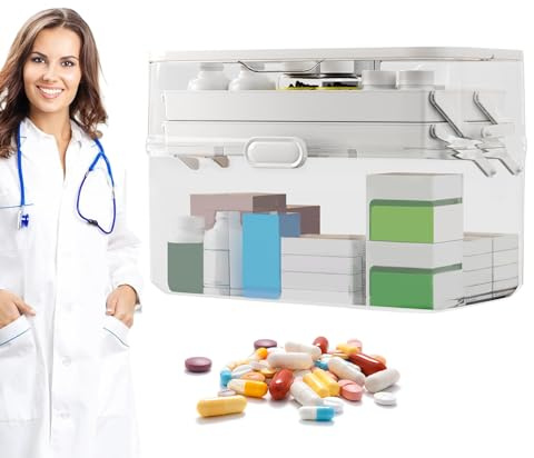 Generico Grande scatola organizer per medicinali domestici con manico pieghevole – Contenitore multifunzionale per pillole e farmaci per la famiglia, scomparti trasparenti, materiale PP