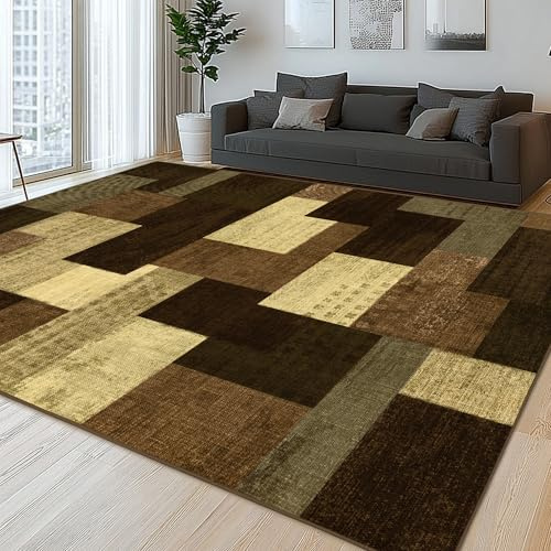 QDUIDU Modern Geometric Patchwork Indoor Area Rug for Living Room, Warm Taupe 8x10 Large Rug Rockwood Collection Hardwood Floors Decor for Bedroom, Taupe Throw Carpet for Office Entryway Dining Room