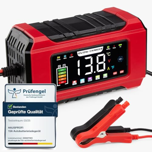 HAUSPROFI Cargador Baterias Coche 12V 15A/24V 8A Inteligente Reparación | Carga Rápida, 9 Protecciones, Gran Pantalla LED Táctil, Recupera Plomo-ácido/LiFePO4 Auto Moto, Modo Temp Verano-Invierno