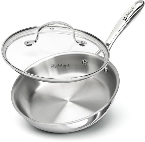 MICHELANGELO 20cm Tri Ply Stainless Steel Frying Pan with Lid, Small Pan | Uncoating, Induction Compatible, Long Lasting Use, Ideal For Breakfast, Eggs, Omelettes And Small Portion Everyday Meals