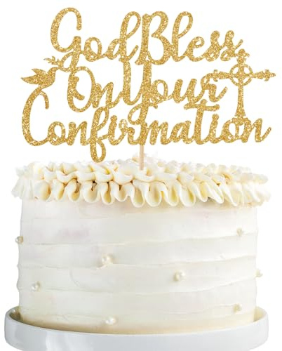 God Bless On Your Confirmation Cake Topper Gold Glitter God Bless Cake Topper Confirmation Cake Decorations for Religious Christening,Baptism, Baby Shower Party Supplies