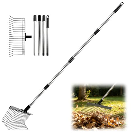 Rastrillo de jardín, rastrillo de jardín, de metal con mango de acero inoxidable de 160 cm, escoba abanica de metal, mango largo, recogedor de hojas, rastrillo de jardín, para hojas, patio, césped